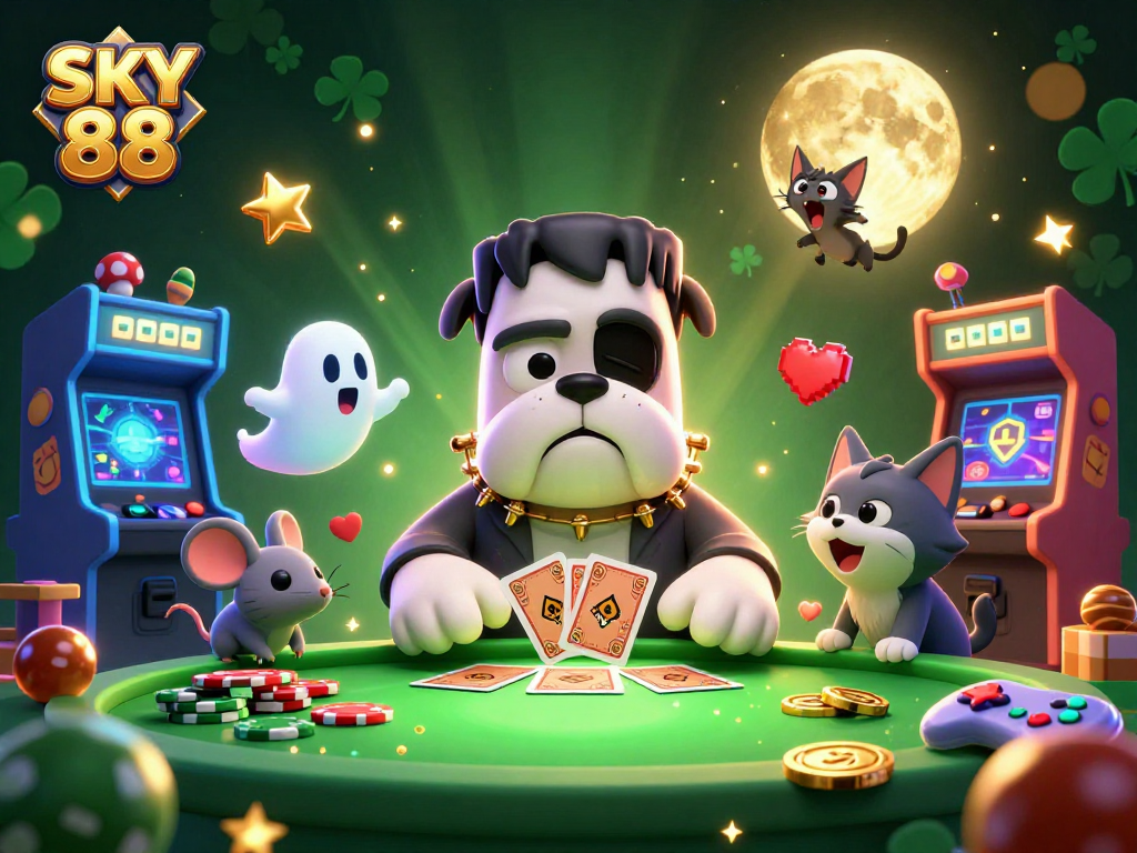 Engage with SKY 88, where a cartoon bulldog dealer and ghost mouse create thrilling casino fun.