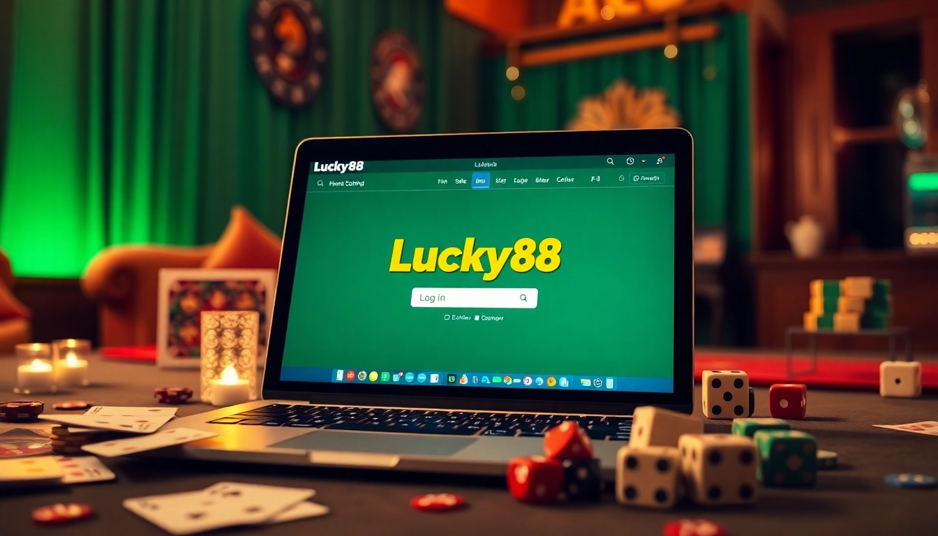 Experience lucky88 đăng nhập with an engaging gaming scene featuring a laptop and gambling elements.