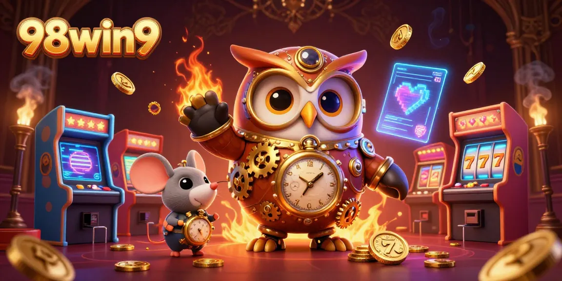 Engage with 98win9's dynamic casino world featuring an owl and mouse amidst vivid gaming elements.