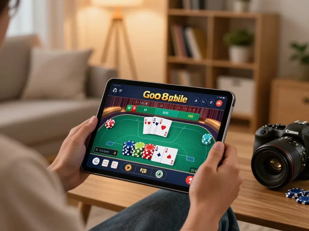 Engaging Go8 mobile casino action with players managing poker bets in a cozy home setup.