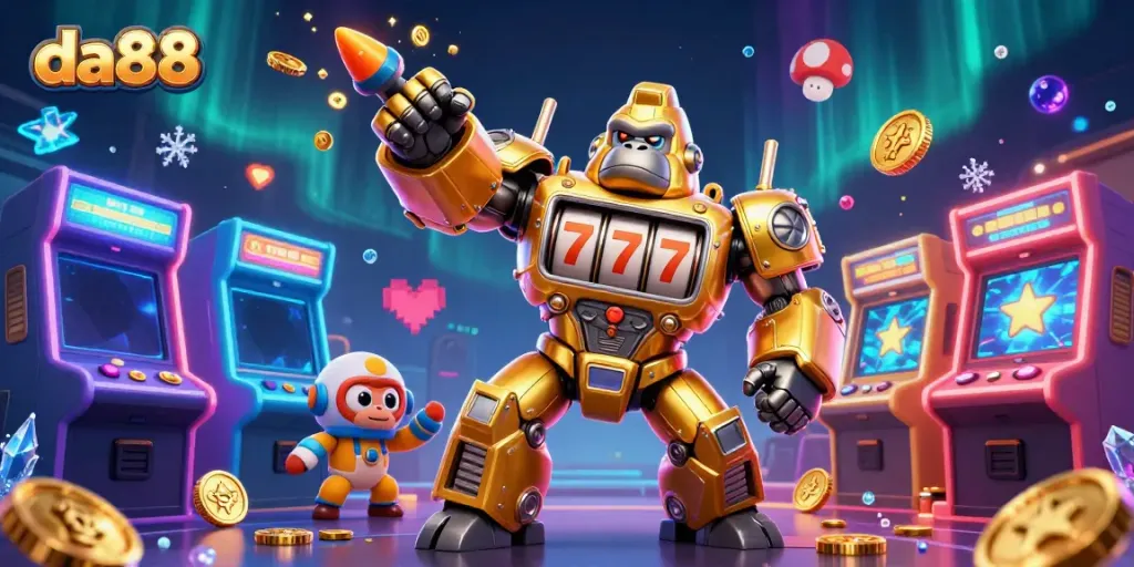 Experience the thrilling action of da88 with a golden gorilla mech and colorful gaming elements.