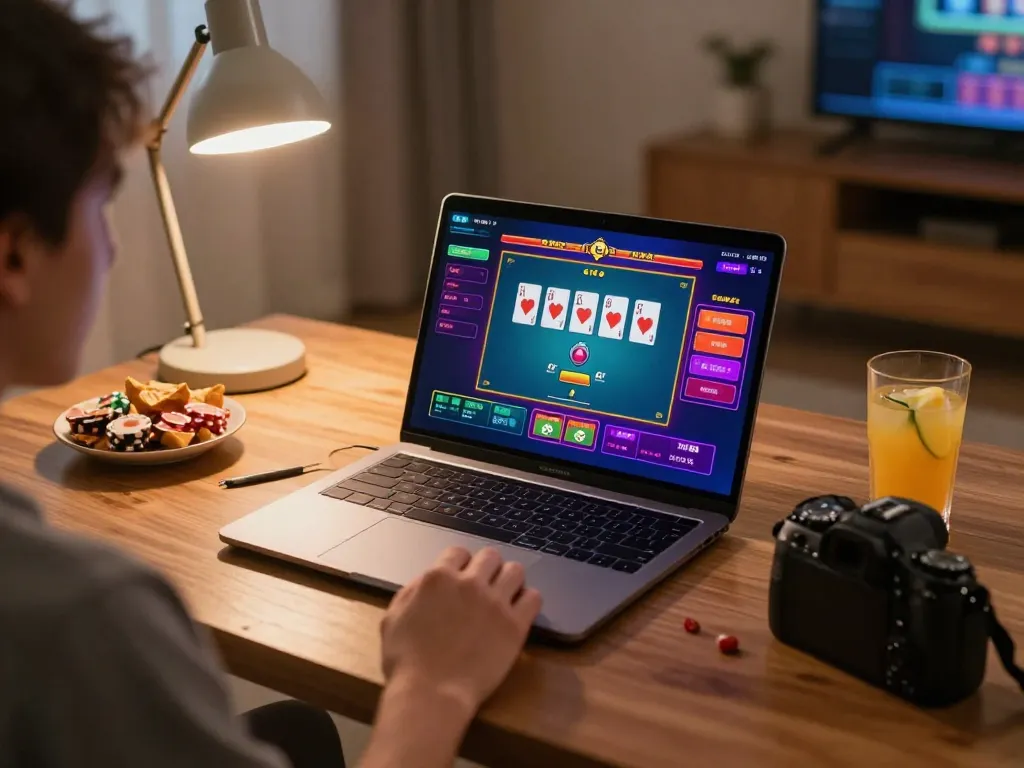 Engaged user playing exciting online casino games at 789win2.us.com with strategic focus and cozy atmosphere.
