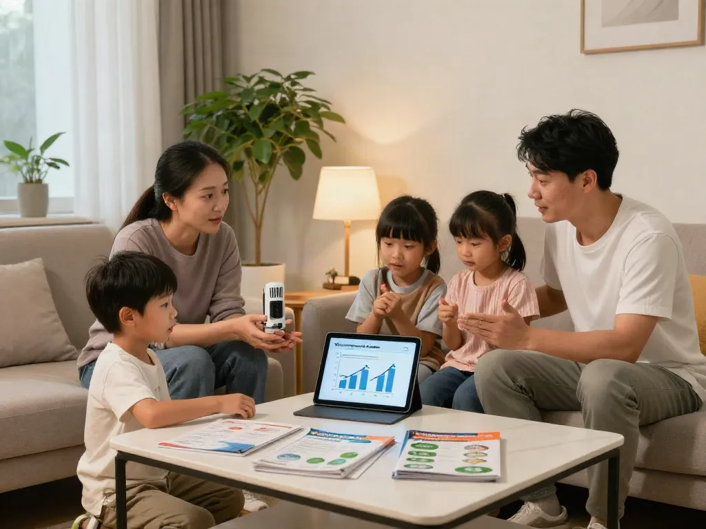 Familie im Wohnzimmer diskutiert die Wärmepumpe Kosten, Charts auf Tablet zeigen Einsparungen.