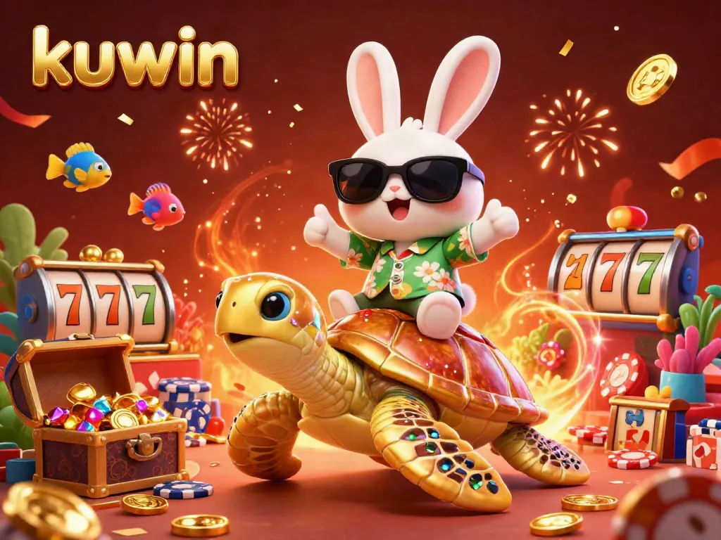 Kuwin's vibrant 3D illustration showcases lucky rabbit and golden turtle celebrating with casino elements.