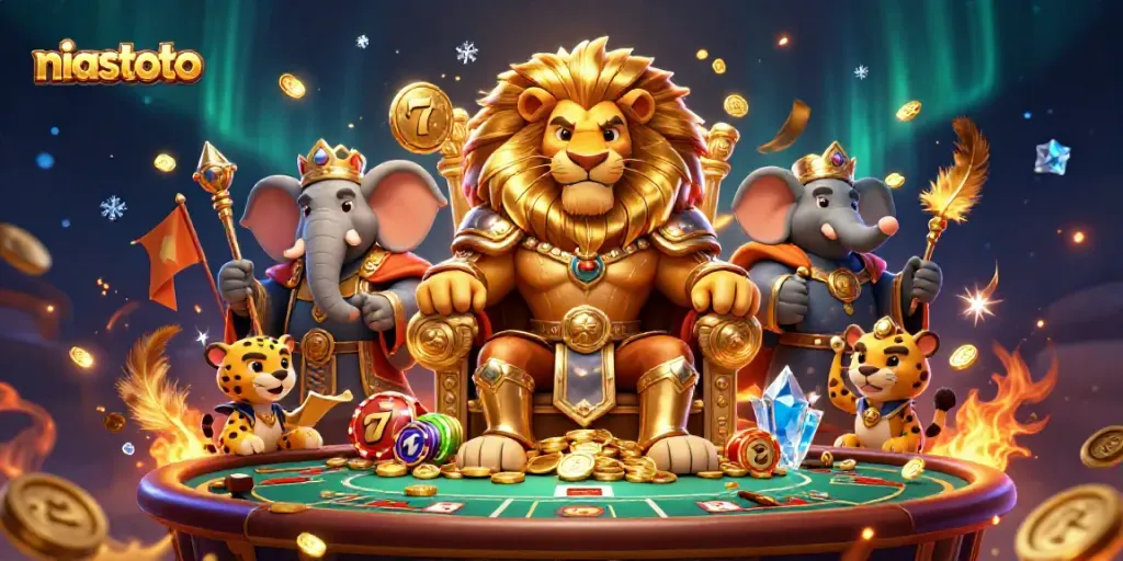 Niastoto merayakan kemenangan judi dengan raja singa, gajah bijaksana, dan cheetah kurir di kasino yang megah.