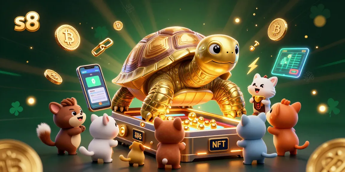 Engage with thrilling s8 gaming action featuring a golden tortoise pinball machine and vibrant crypto elements.