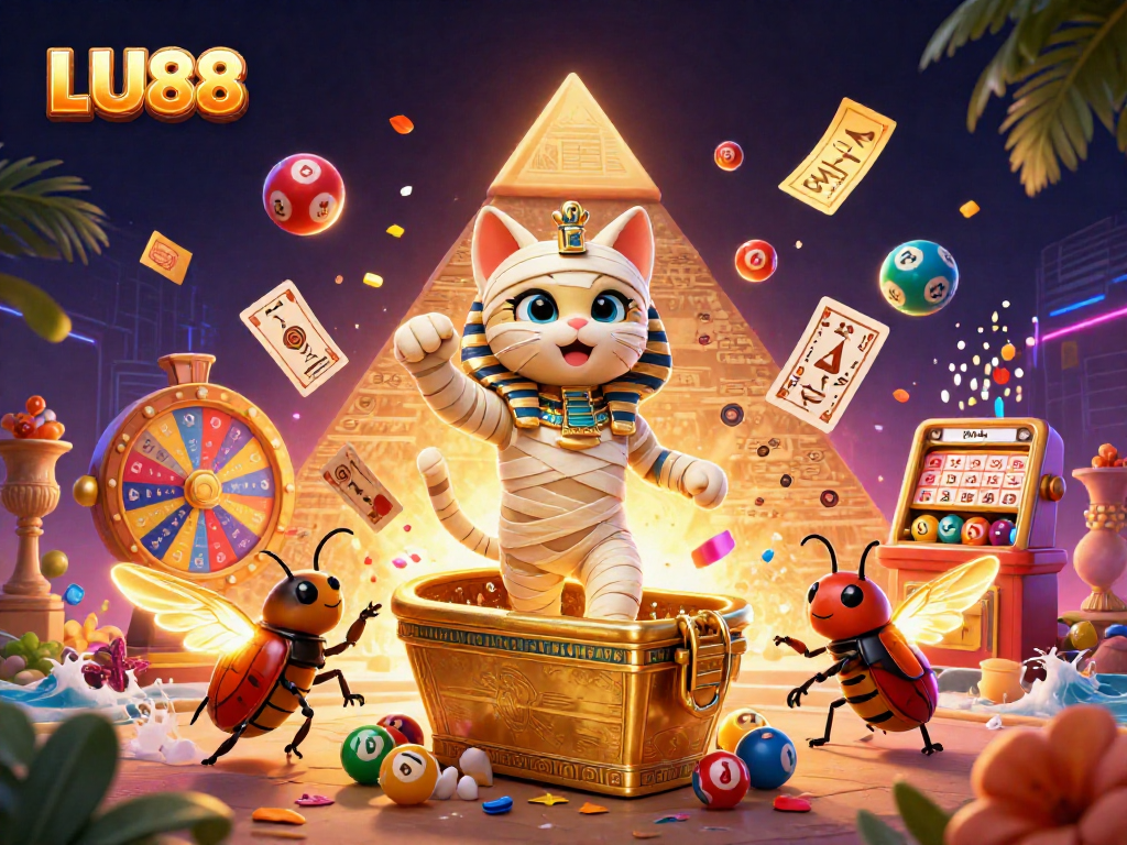 Experience thrilling fun with LU88 in a vibrant casino scene featuring an Egyptian mummy cat!