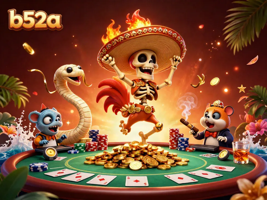 Exciting scene with b52a characters like a dancing mariachi rooster atop golden coins and poker elements.
