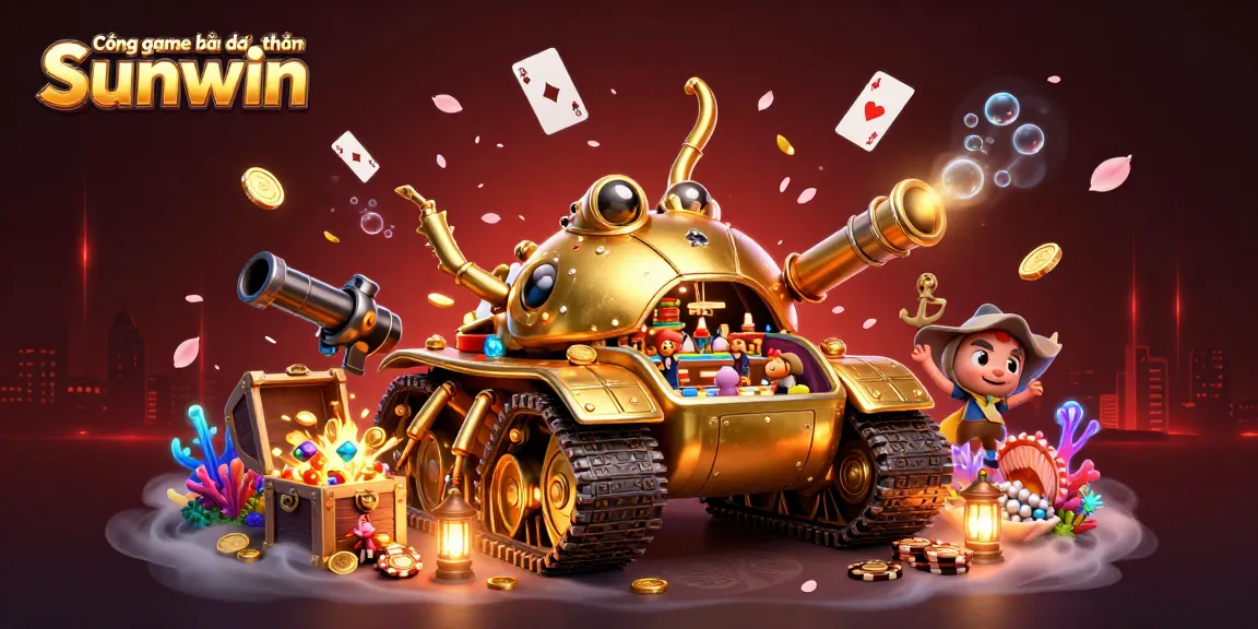 Cổng game bài đổi thưởng Sunwin showcases a golden beetle tank casino amidst explosive treasure in a vibrant 3D scene.