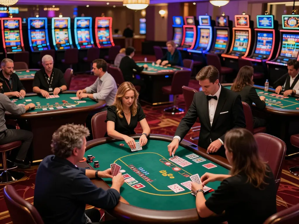 Engaging blackjack gameplay scene at 79KING casino, showing active players and dealers in a vibrant environment.