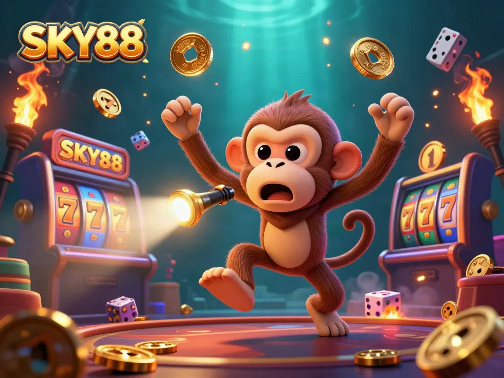 SKY88's exciting casino scene with a playful monkey juggling golden gaming riches highlighted by a golden flashlight.