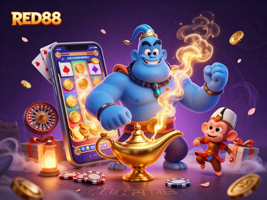Experience the excitement of RED88 with a vibrant 3D illustration featuring a genie, poker chips, and dynamic games.