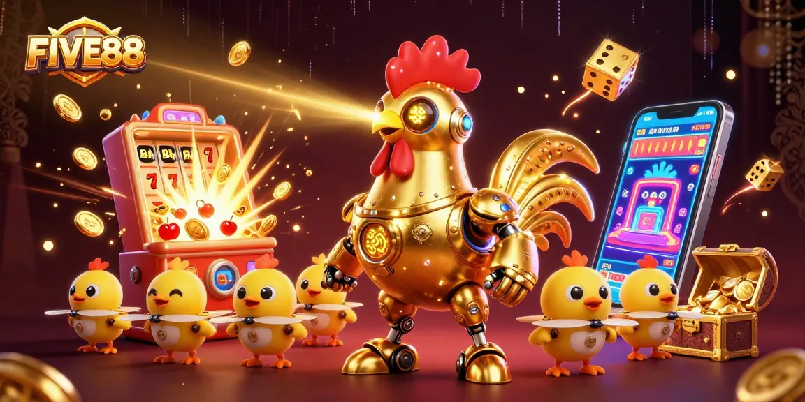 Win big with FIVE88 in this dynamic casino scene featuring a golden rooster robot.