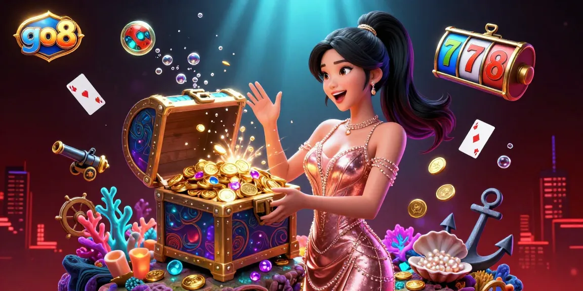Play slots and win at go8 with this vibrant illustration capturing a joyful moment of winning treasures.