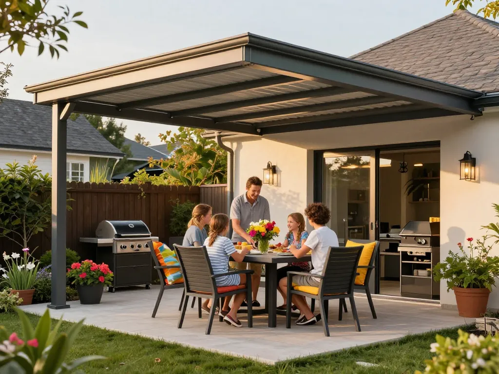 Stylisches Familientreffen unter einer modernen Terrassenüberdachung auf einer sonnigen Terrasse.