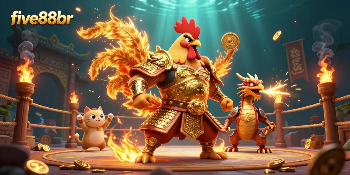 Experience the dynamic action of five88br with a rooster warrior and dragon in an exciting casino arena.