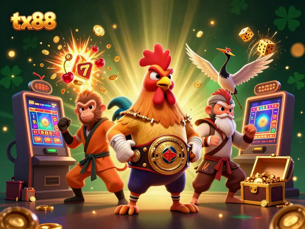 Engaging tx88 casino scene with characters, jackpots, and lucky symbols illustrating excitement.