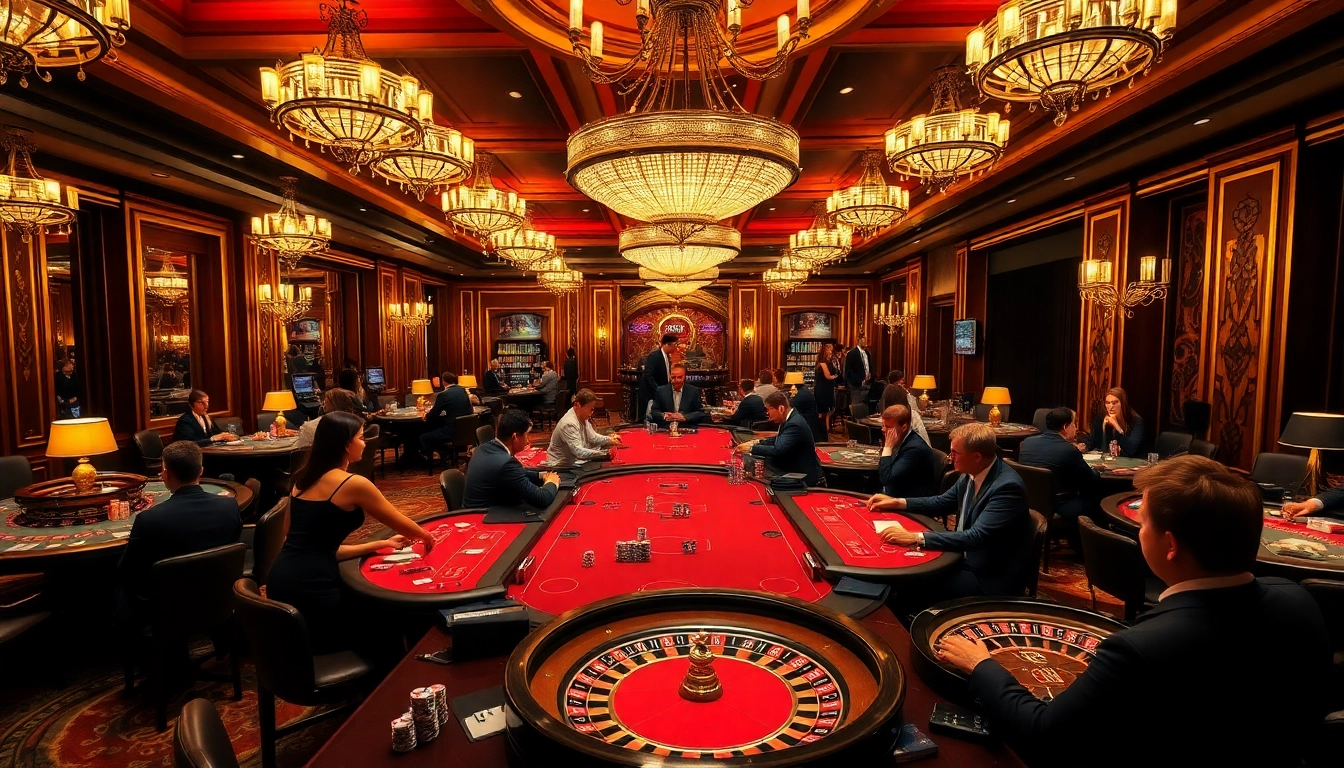 S666 casino table scene with players enjoying poker and roulette games, showcasing excitement and luxury.