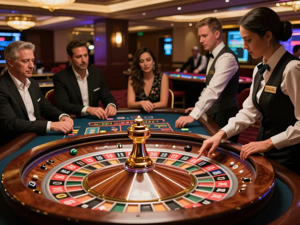 uu88 roulette game in an upscale casino with players placing bets and a spinning wheel