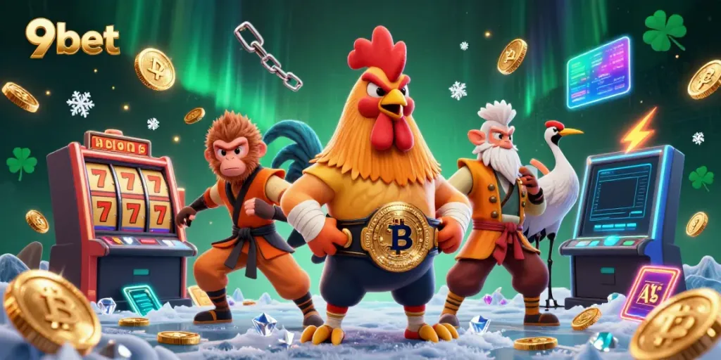 Engage with the vibrant world of 9bet featuring a Muay Thai rooster and friends in an exhilarating casino setting.