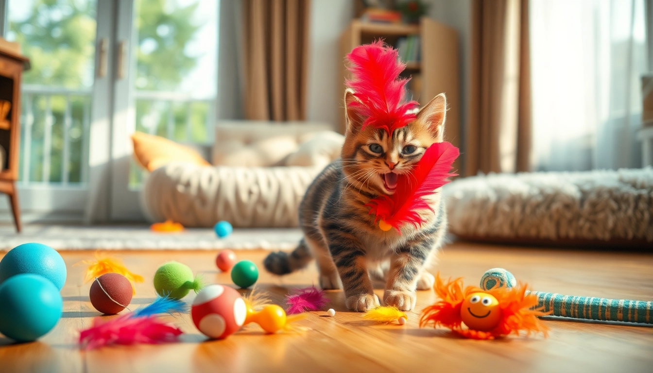 Katzenspielzeug in action: Freude einer Katze mit bunten Spielzeugen.