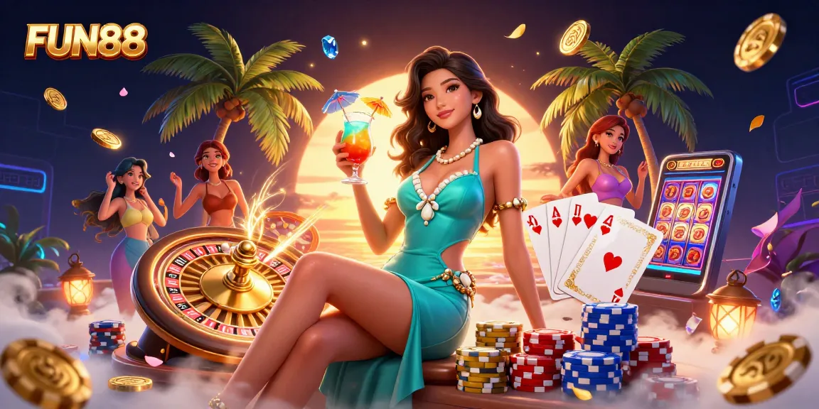 Play thrilling games with FUN88 at a vibrant beach casino resort featuring an Asian woman celebrating winnings.