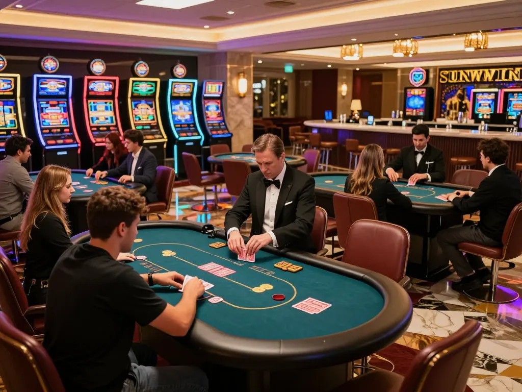 Sunwin brand poker players engaged in an exciting game at a luxurious casino table.