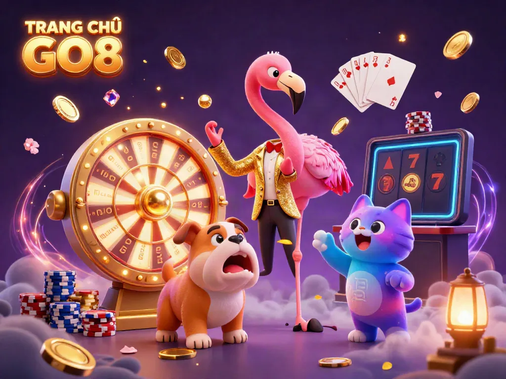 Experience excitement at TRANG CHỦ GO8 with a vibrant casino scene featuring lively characters and dynamic elements.