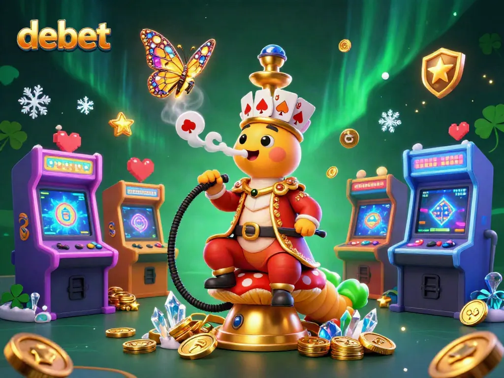 Engage with debet's vibrant casino scene featuring a whimsical hookah-master and interactive gaming elements.
