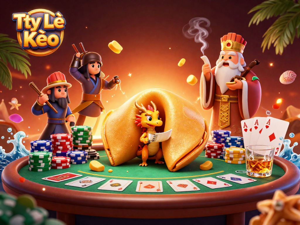 Tỷ Lệ Kèo showcases a vibrant scene of a golden fortune cookie, a wise dragon, and poker elements, perfect for gamblers.