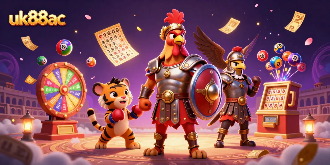 Experience dynamic gameplay with uk88ac in a vibrant 3D illustration of a gladiator rooster and lottery action.