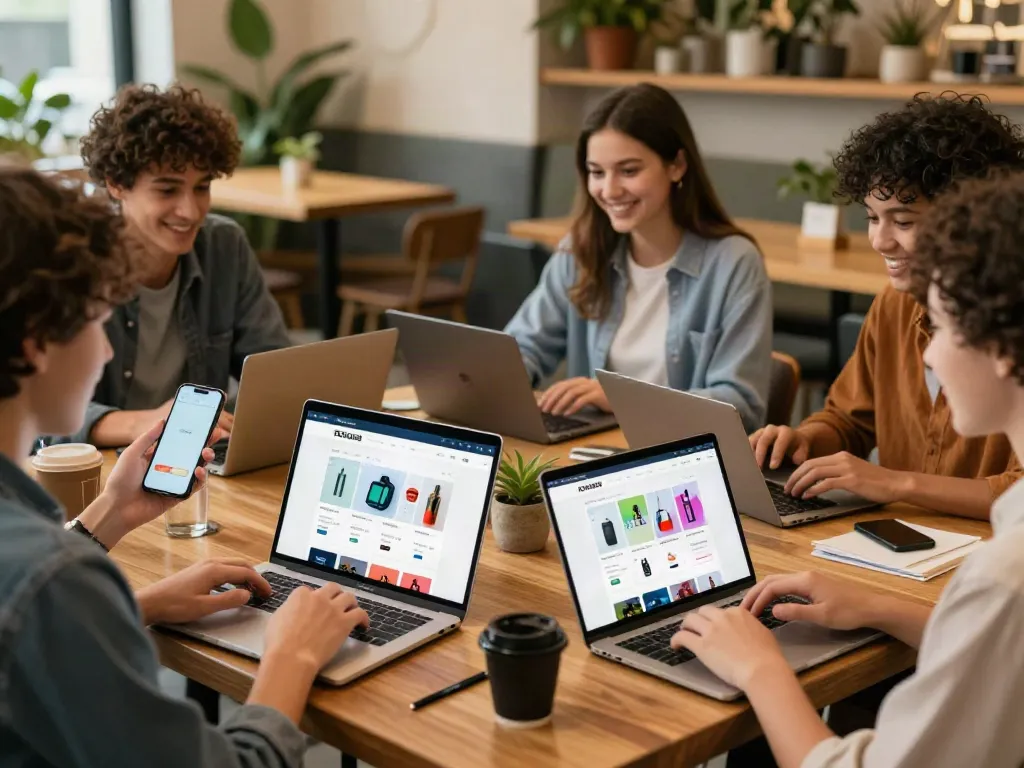 Engaged customers exploring rokok88's online marketplace in a lively café setting.
