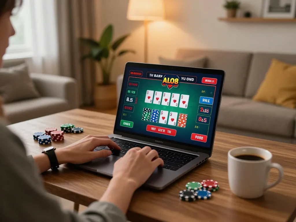 Player enjoying blackjack game on ALO8 platform with cozy home setup.