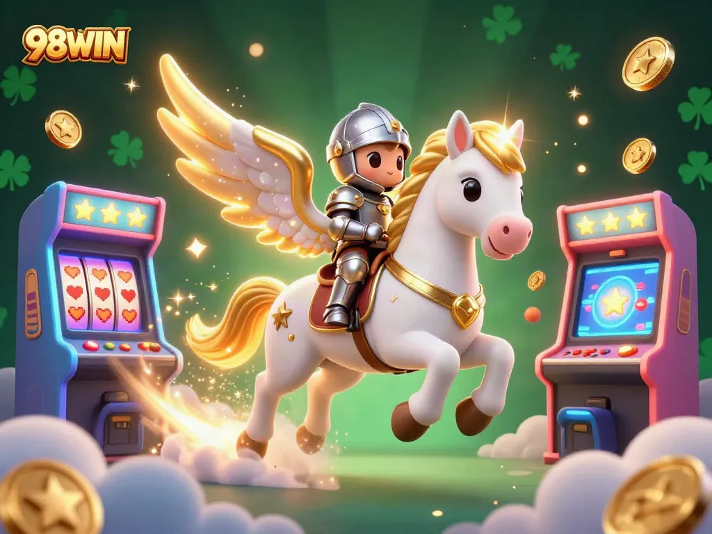 Experience thrilling gameplay with 98WIN through a vibrant 3D casino scene filled with games, characters, and spectacular elements.