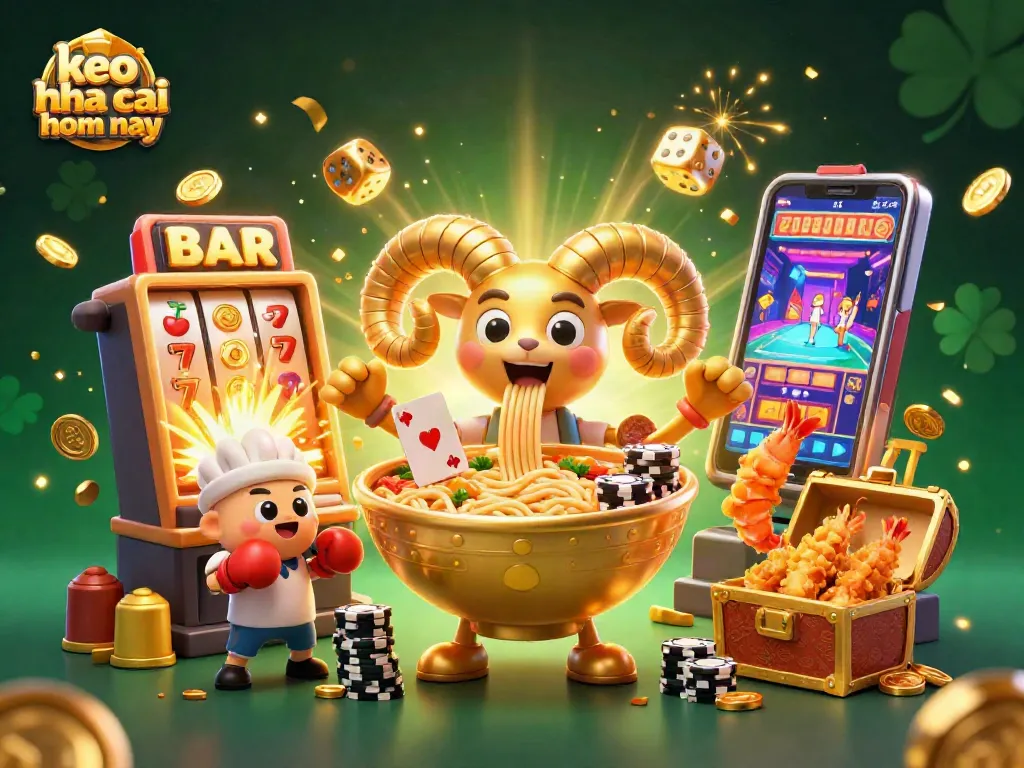 Betting strategies for keo nha cai hom nay displayed in a vibrant 3D illustration of a golden ramen bowl character and casino elements.