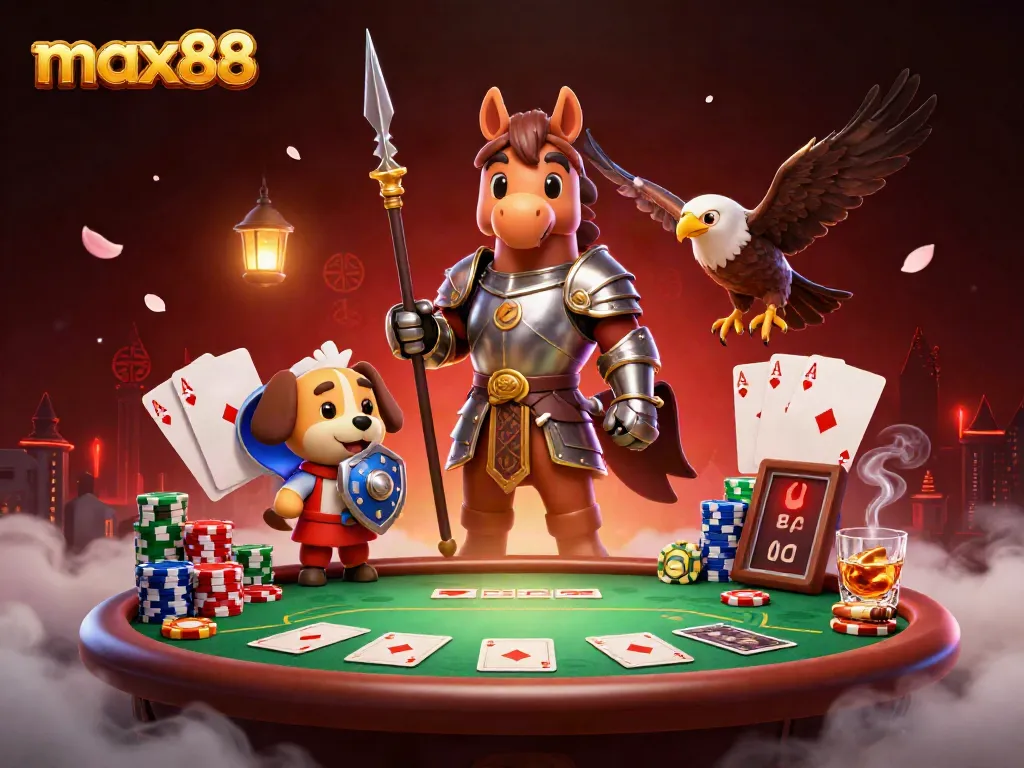 Experience thrilling gameplay at max88 with a knight, puppy, and falcon around a poker table full of action.