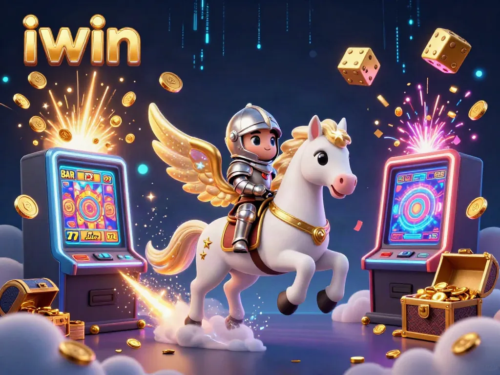Experience thrilling action with iwin's celestial theme, showcasing a golden-winged horse and knight amidst slot machine jackpots.