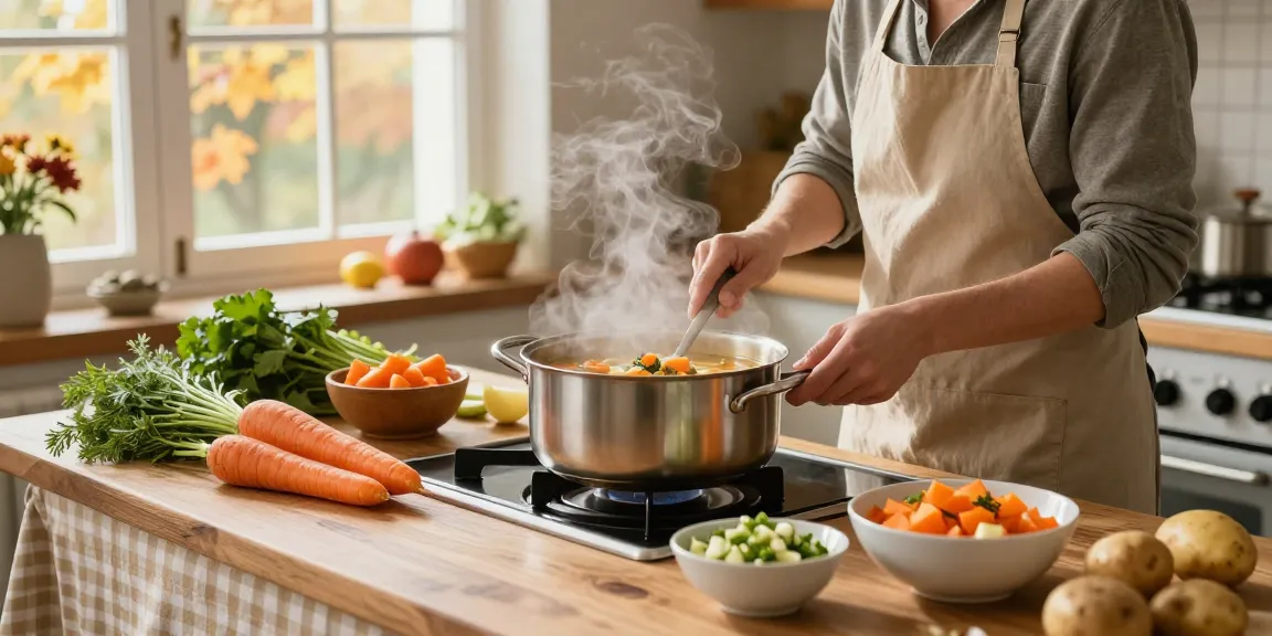 Leckere Zubereitung vegetarischer Suppe mit frischen Zutaten in einer gemütlichen Küche
