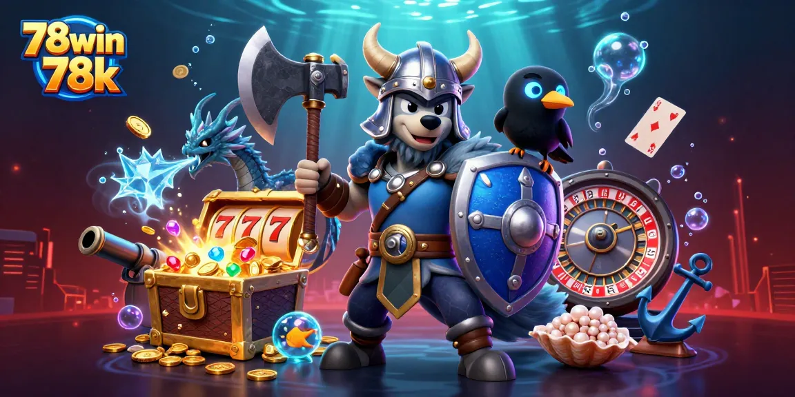 Experience thrilling action with 78win 78k, featuring a Viking warrior and fierce dragon amidst casino elements.