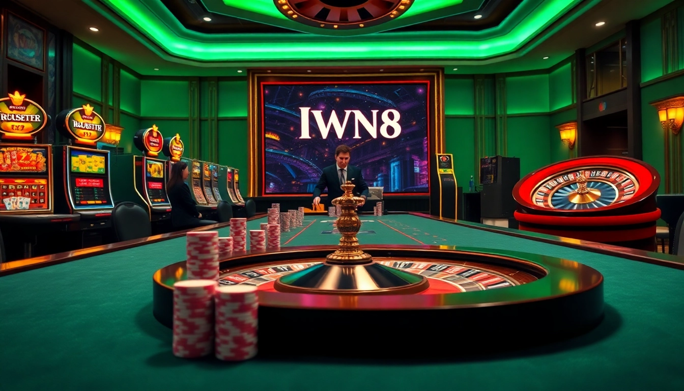 Gamblers experiencing the thrill of winning at IWIN68 with high-stakes tables and elegant decor.