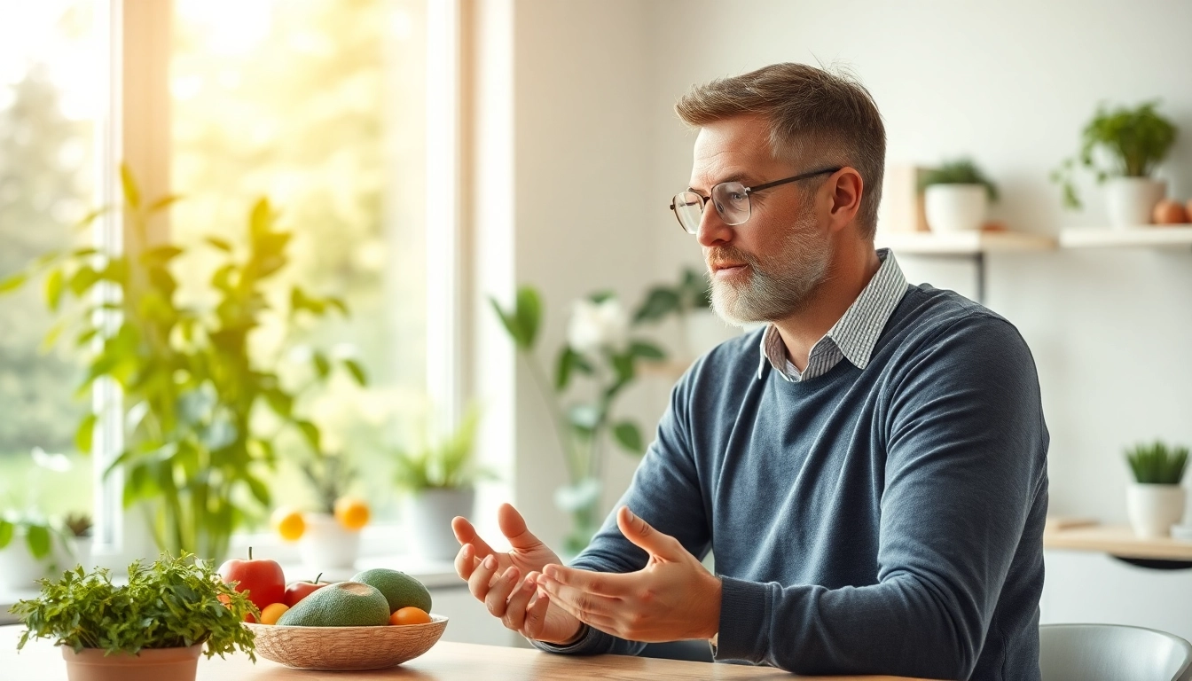 Gesundheitsberater erklärt Gewichtsverlust und gesunde Erährungsweisen in einer Arztpraxis.
