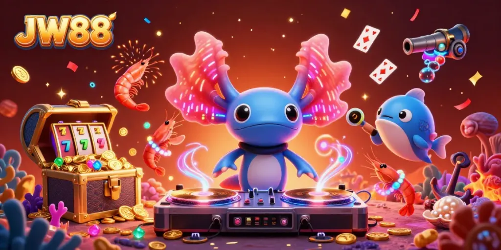 Experience the vibrant world of JW88 with a neon axolotl DJ and jackpot-themed underwater casino scene.