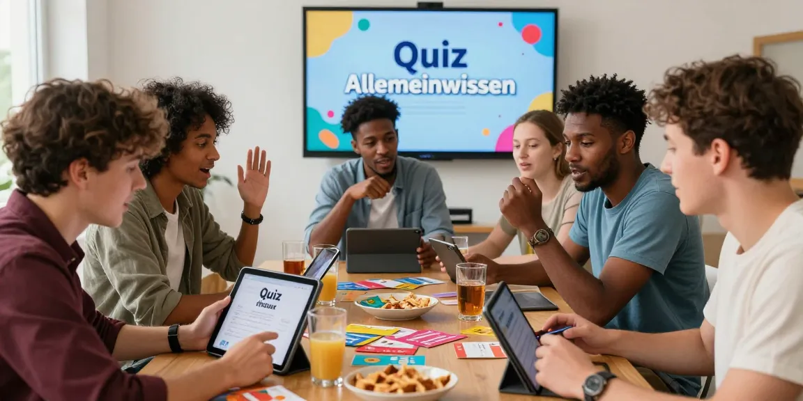 Freunde spielen gemeinsam ein Quiz Allgemeinwissen mit fröhlicher Atmosphäre und Fragen auf Tablets.