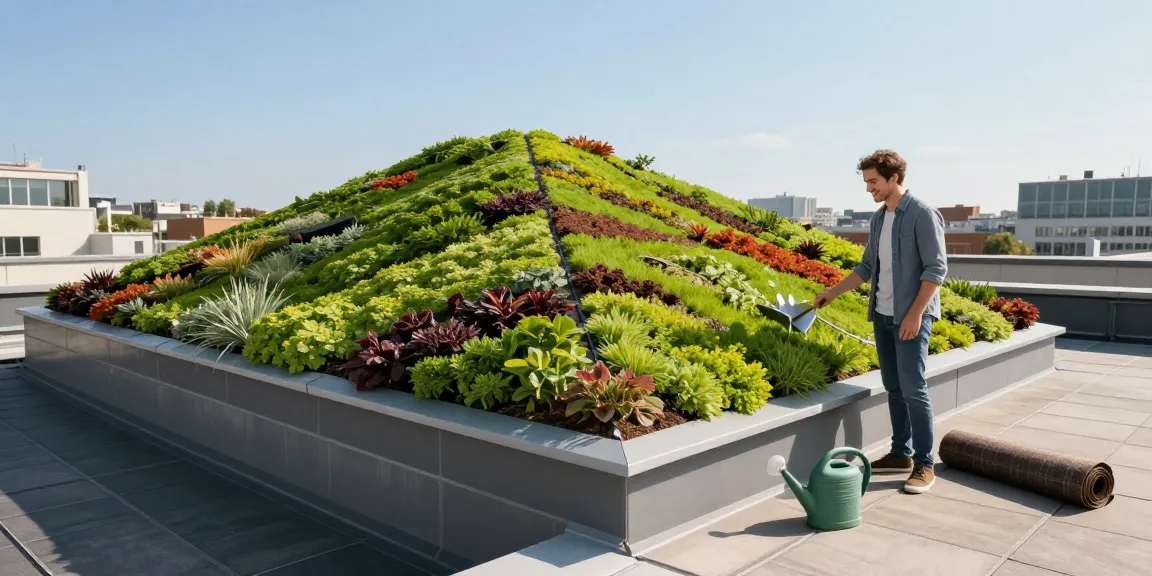 Dachbegrünung trapezblech auf einem städtischen Dach mit lebhaften Sedum-Pflanzen, die die Nachhaltigkeit erhöhen.