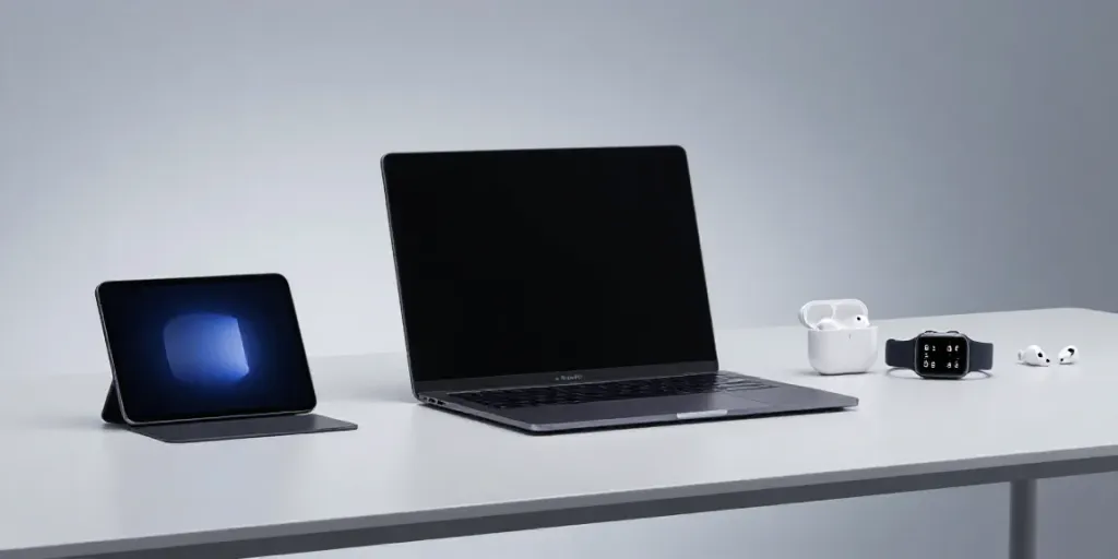 Gadget-Nachrichten über die neuesten Technologien: Smartphones, Laptops und Wearables in einem modernen Arbeitsumfeld.
