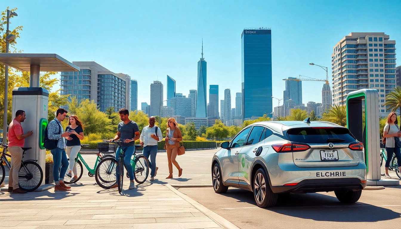 Smart Mobility pictured in vibrant urban scene with electric vehicles and smart bike sharing.