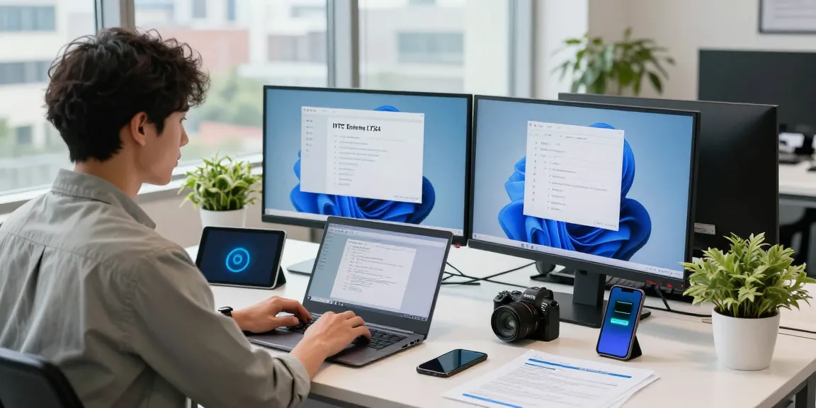 Windows 11 IoT Enterprise für Firmen bestellen in einem modernen IT-Büro mit dualen Monitoren und einem Laptop.
