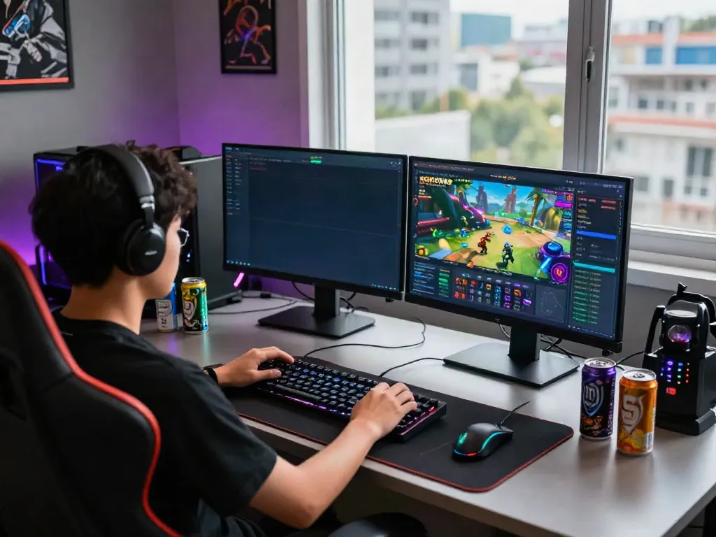 Engaging ROKOK88 gaming setup with vibrant displays and accessories.