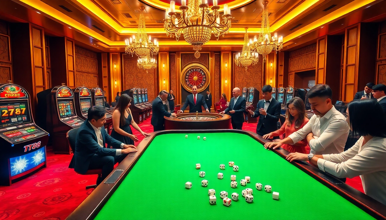 Players enjoy high-stakes games at a luxurious TT88 casino table, celebrating wins in an elegant setting.