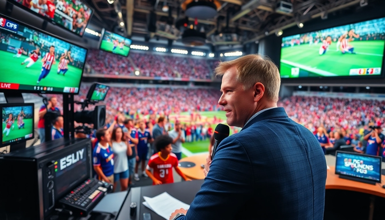 Engaging sports broadcasting scene with a dynamic host and vibrant backdrop.